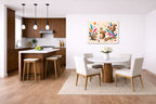 Squirrels at Play - Geometric Painting printed on aluminum metal with wall anchors. Hung on a kitchen-dinette wall.