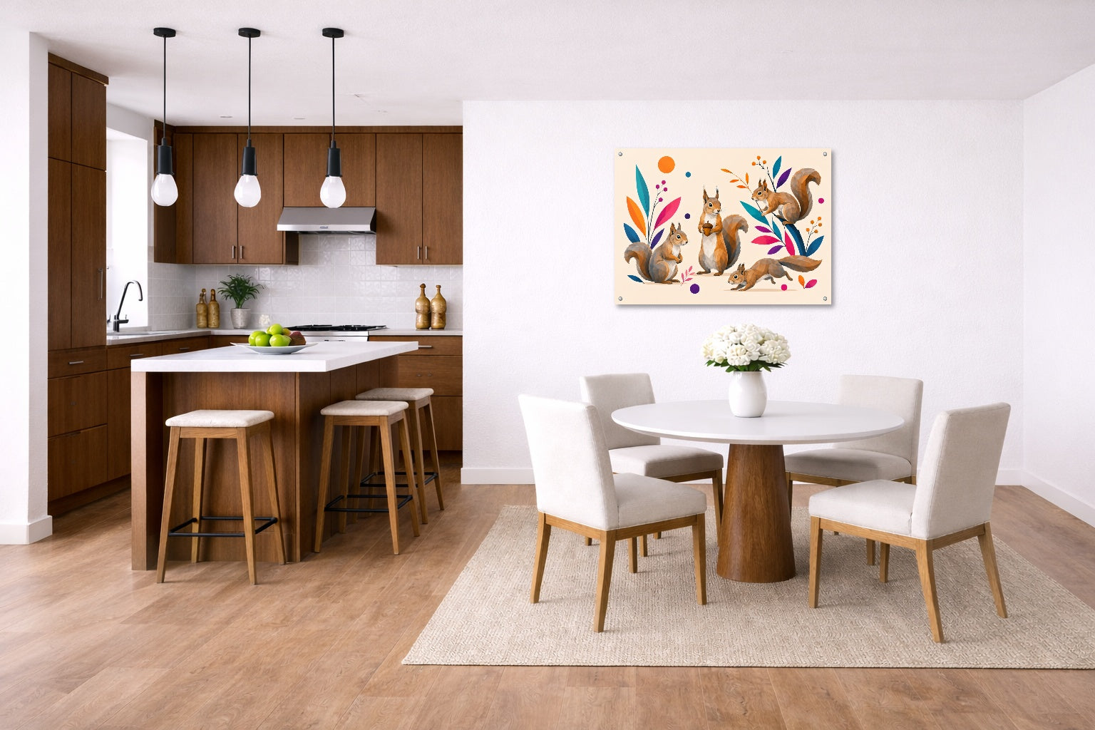 Squirrels at Play - Geometric Painting printed on aluminum metal with wall anchors. Hung on a kitchen-dinette wall.