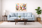 Squirrels at Play - Geometric Painting printed on aluminum metal with wall anchors. Hung on a living room wall.