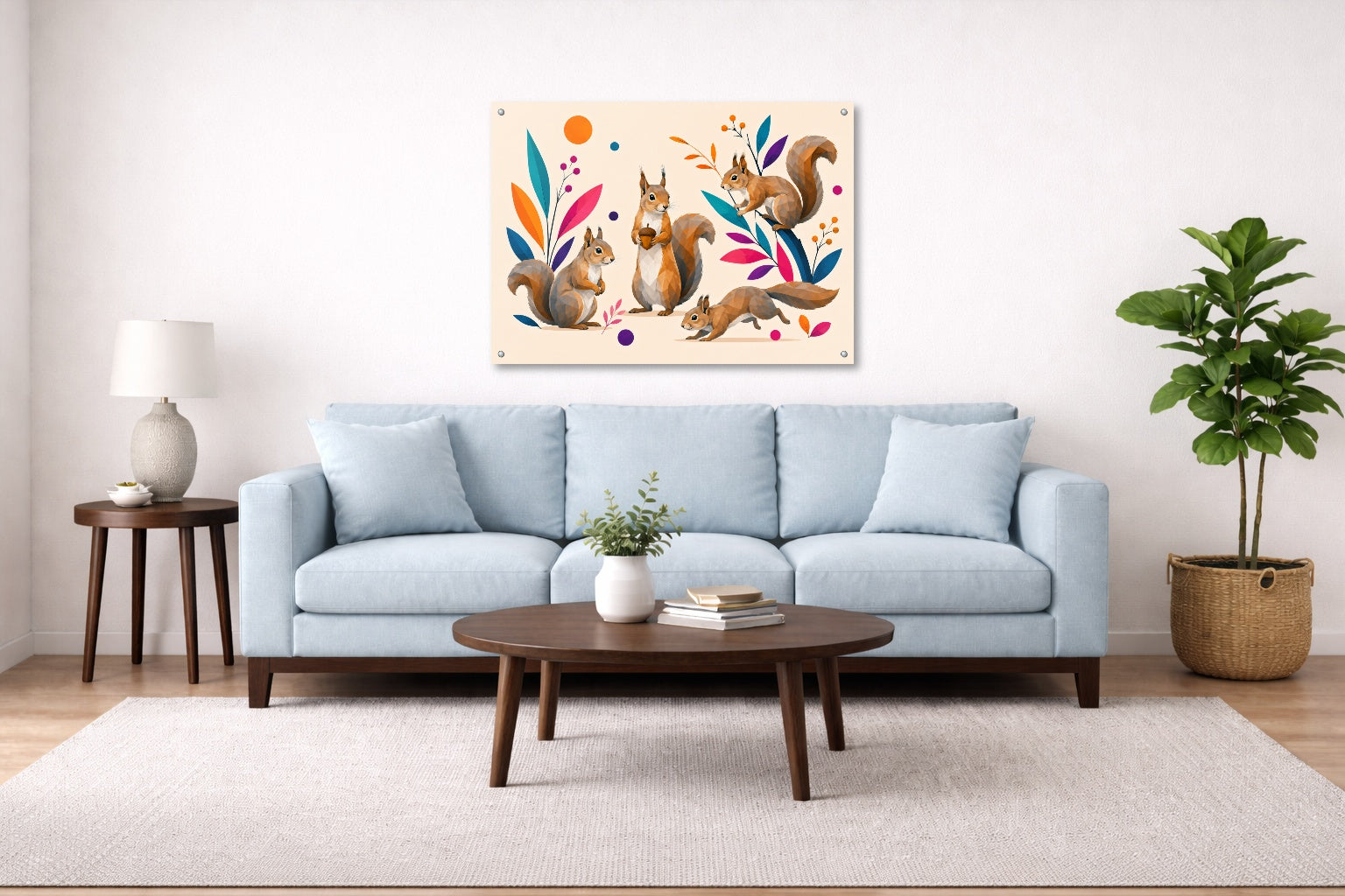 Squirrels at Play - Geometric Painting printed on aluminum metal with wall anchors. Hung on a living room wall.
