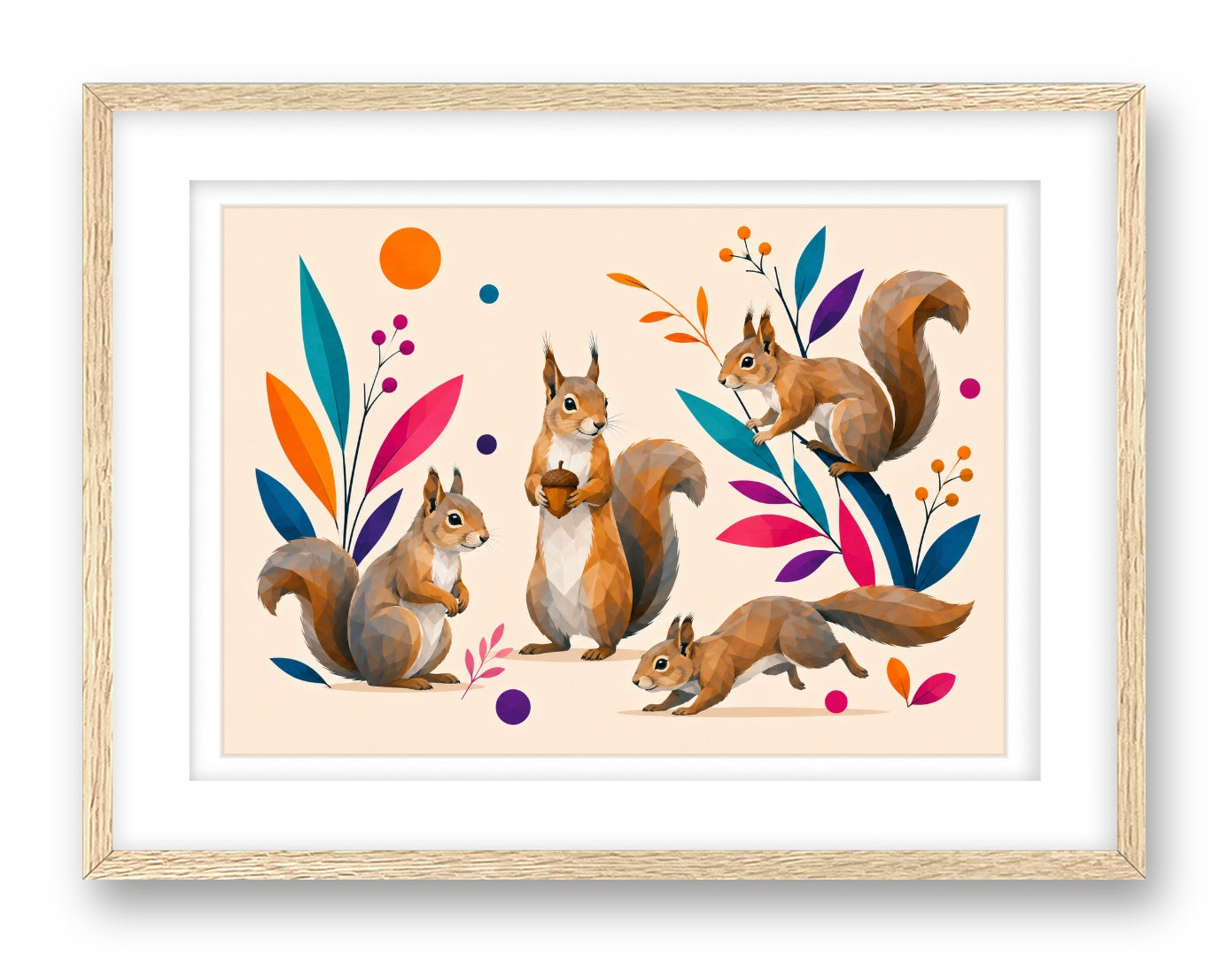 Squirrels at Play printed on fine art paper, framed on a oak frame and matted.