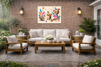 Squirrels at Play - Geometric Painting printed on water resistant canvas and mounted on a waterproof frame. Hung on a patio wall.