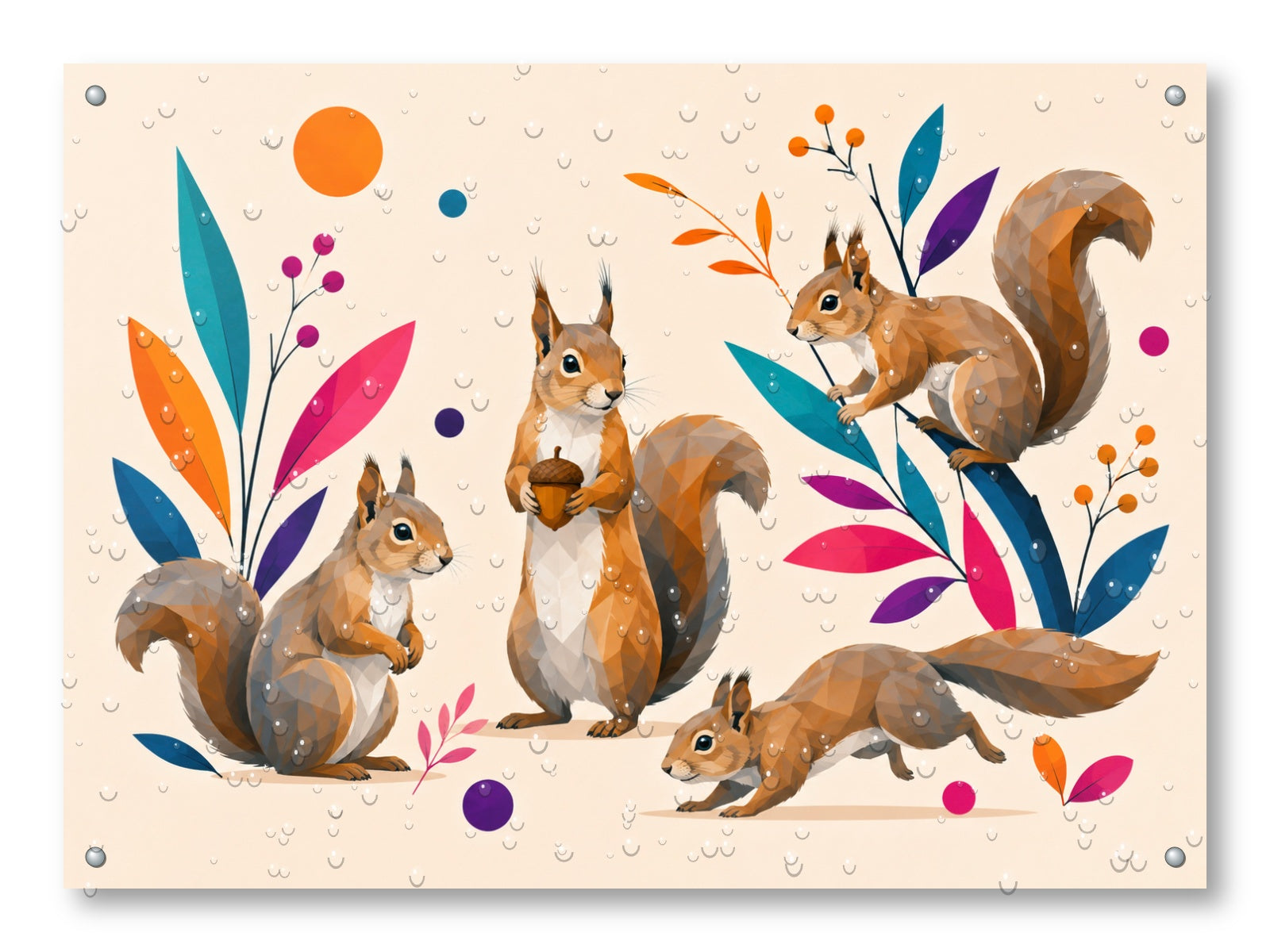 Squirrels at Play - Geometric Painting printed on water resistant canvas and mounted on a waterproof frame.