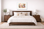 Squirrels at Play - Geometric Painting printed on fine art paper, framed on a white frame and matted. Hung on a bedroom room wall
