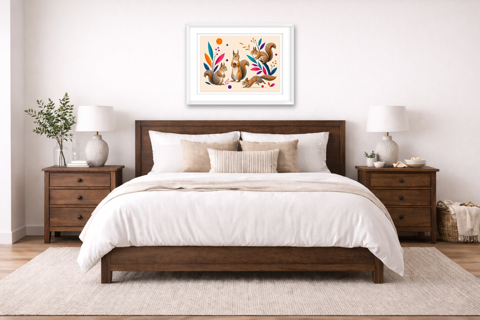 Squirrels at Play - Geometric Painting printed on fine art paper, framed on a white frame and matted. Hung on a bedroom room wall