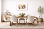 Squirrels at Play - Geometric Painting printed on fine art paper, framed on a white frame and matted. Hung on a dining room wall.