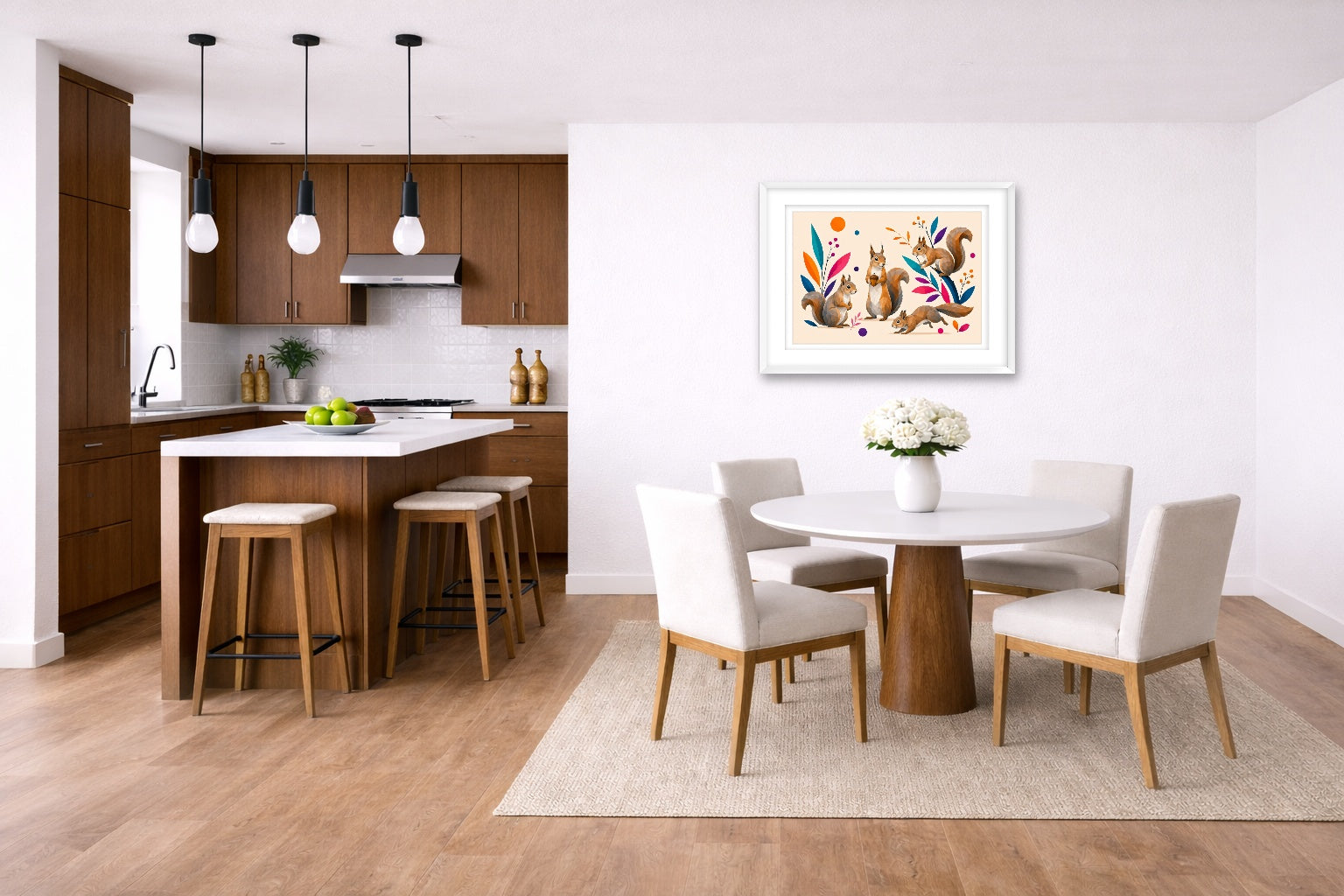 Squirrels at Play - Geometric Painting printed on fine art paper, framed on a white frame and matted. Hung on a kitchen-dinette wall.