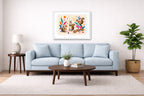 Squirrels at Play - Geometric Painting printed on fine art paper, framed on a white frame and matted. Hung on a living room wall.