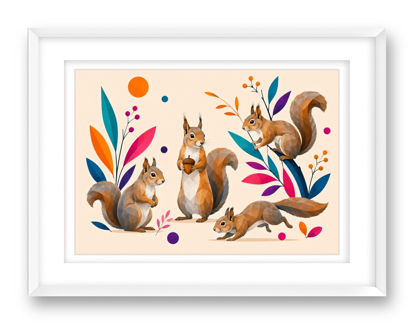 Squirrels at Play printed on fine art paper, framed on a white frame and matted.