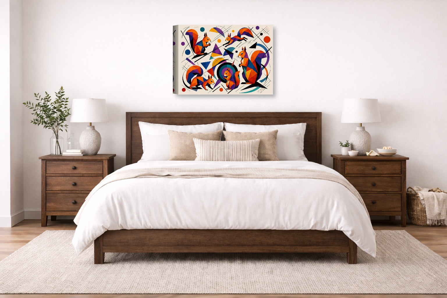 Musical Strings - Abstract Painting printed on canvas wall art displayed on a wall above a bed.