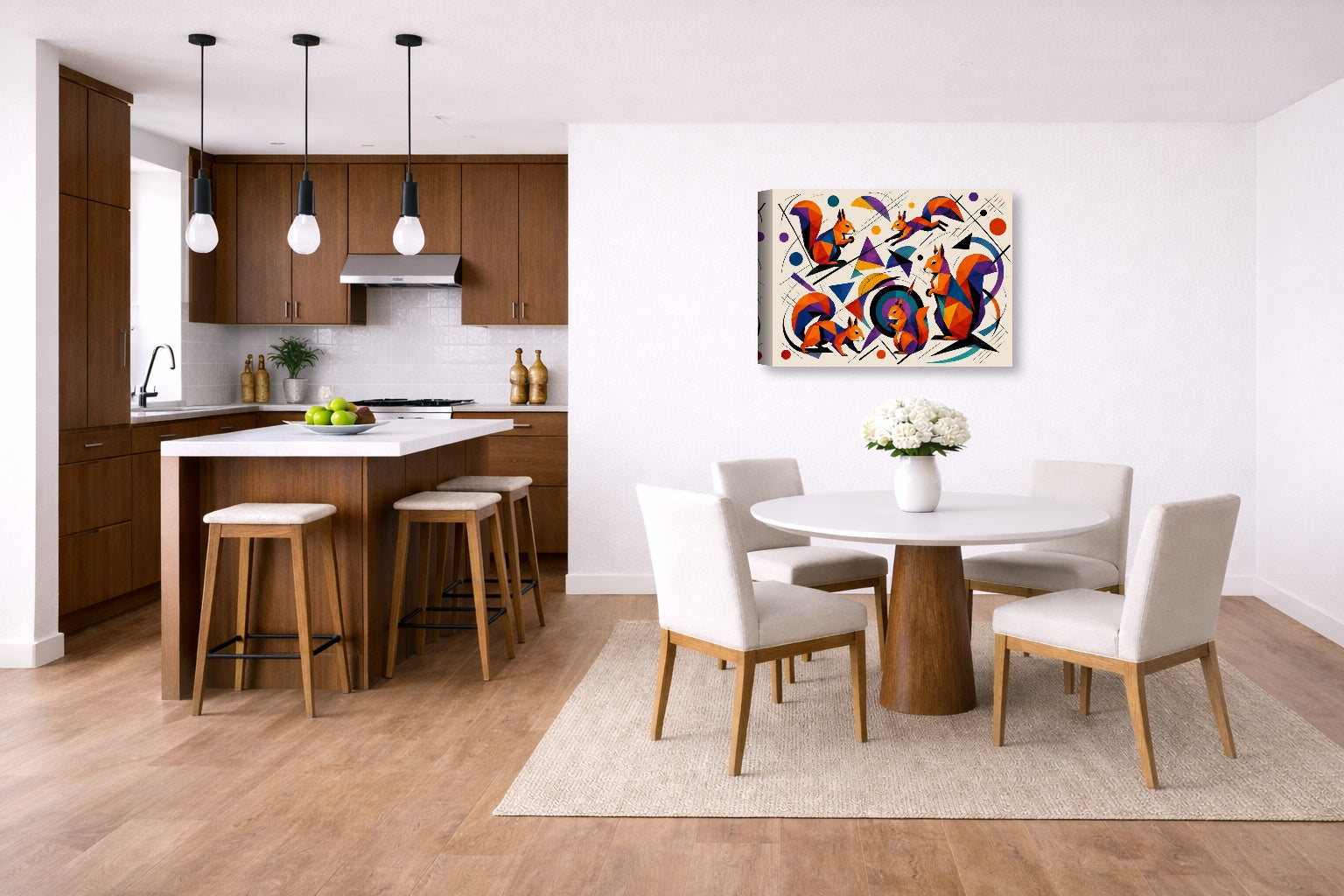 Musical Strings - Abstract Painting printed on canvas wall art displayed on a wall in a dinette.