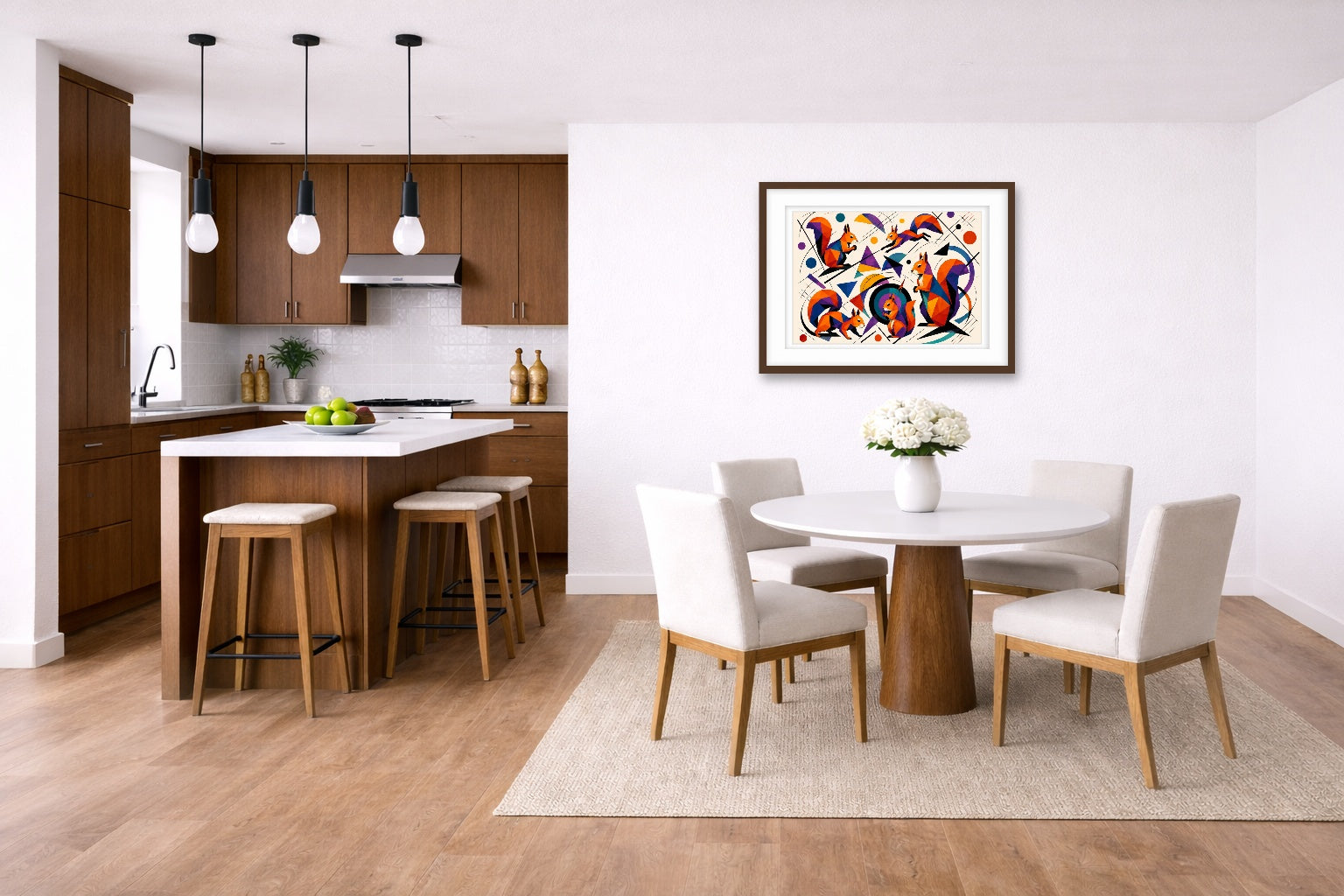 Musical Strings - Abstract Painting printed on fine art paper, framed on a espresso frame and matted. Hung on a living kitchen-dinette wall.