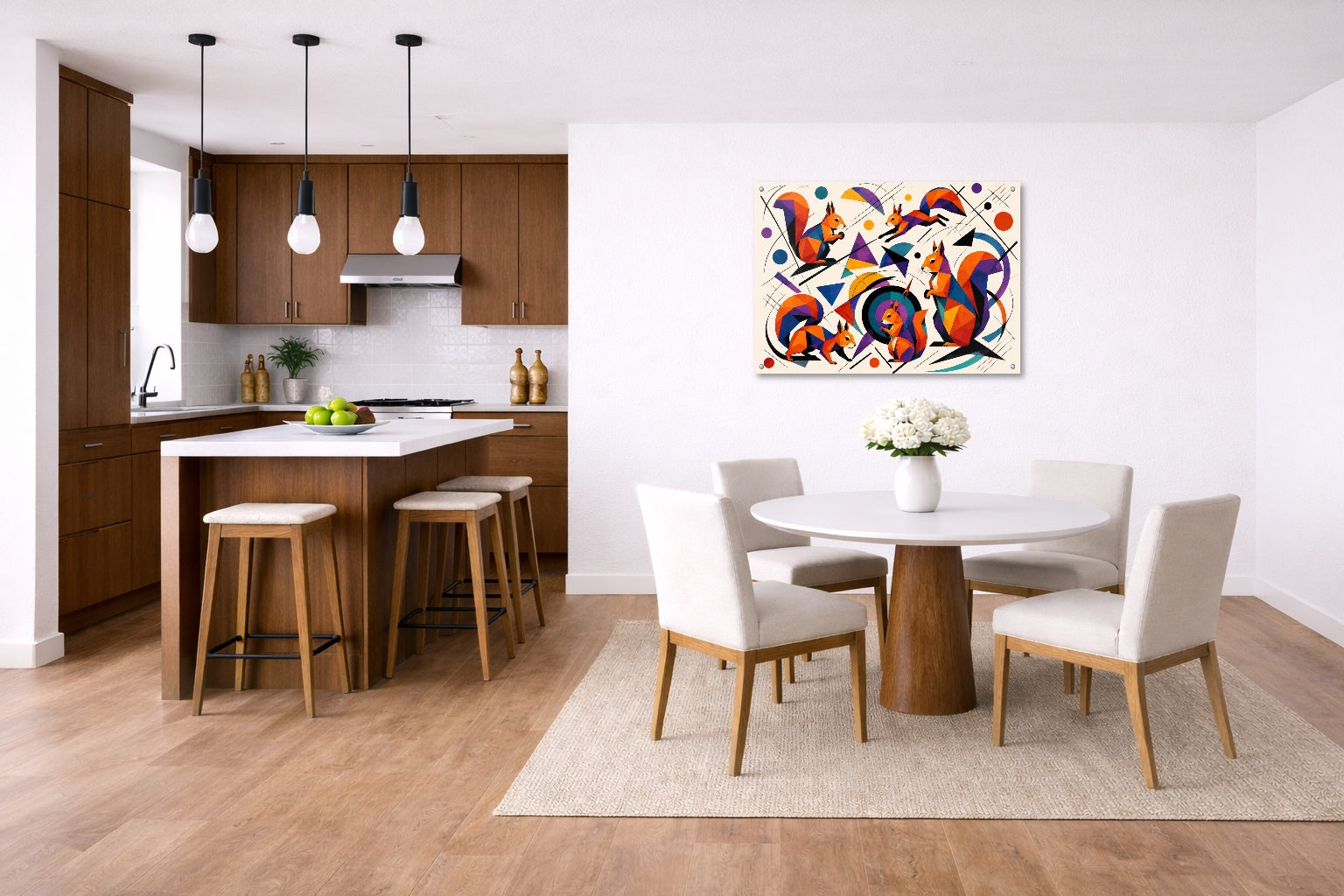 Musical Strings - Abstract Painting printed on aluminum metal with wall anchors. Hung on a kitchen-dinette wall.