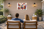 Musical Strings - Abstract Painting printed on water resistant canvas and mounted on a waterproof frame. Hung on a patio wall with couple.