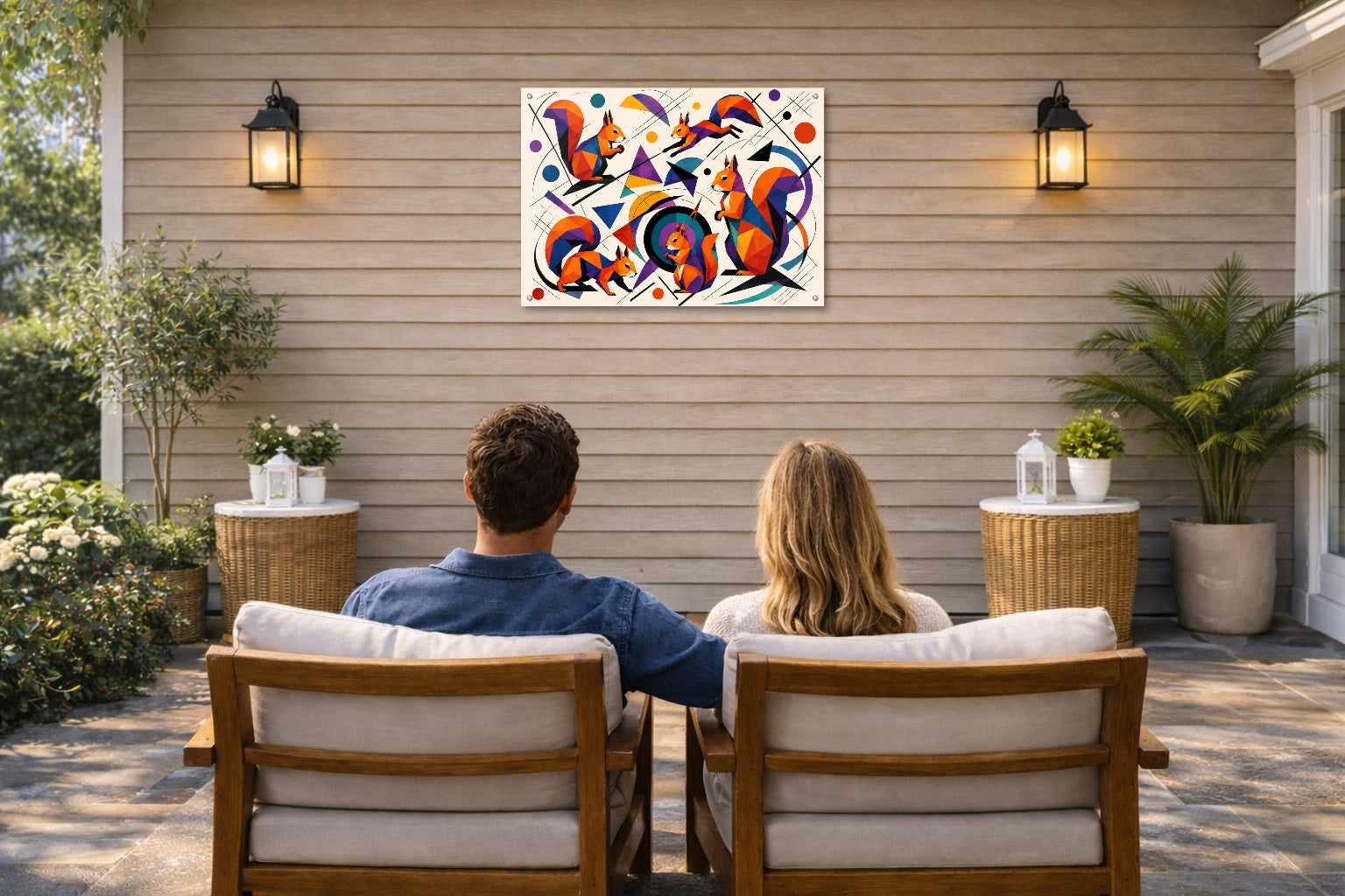 Musical Strings - Abstract Painting printed on water resistant canvas and mounted on a waterproof frame. Hung on a patio wall with couple.