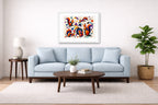 Musical Strings - Abstract Painting printed on fine art paper, framed on a white frame and matted. Hung on a living room wall.