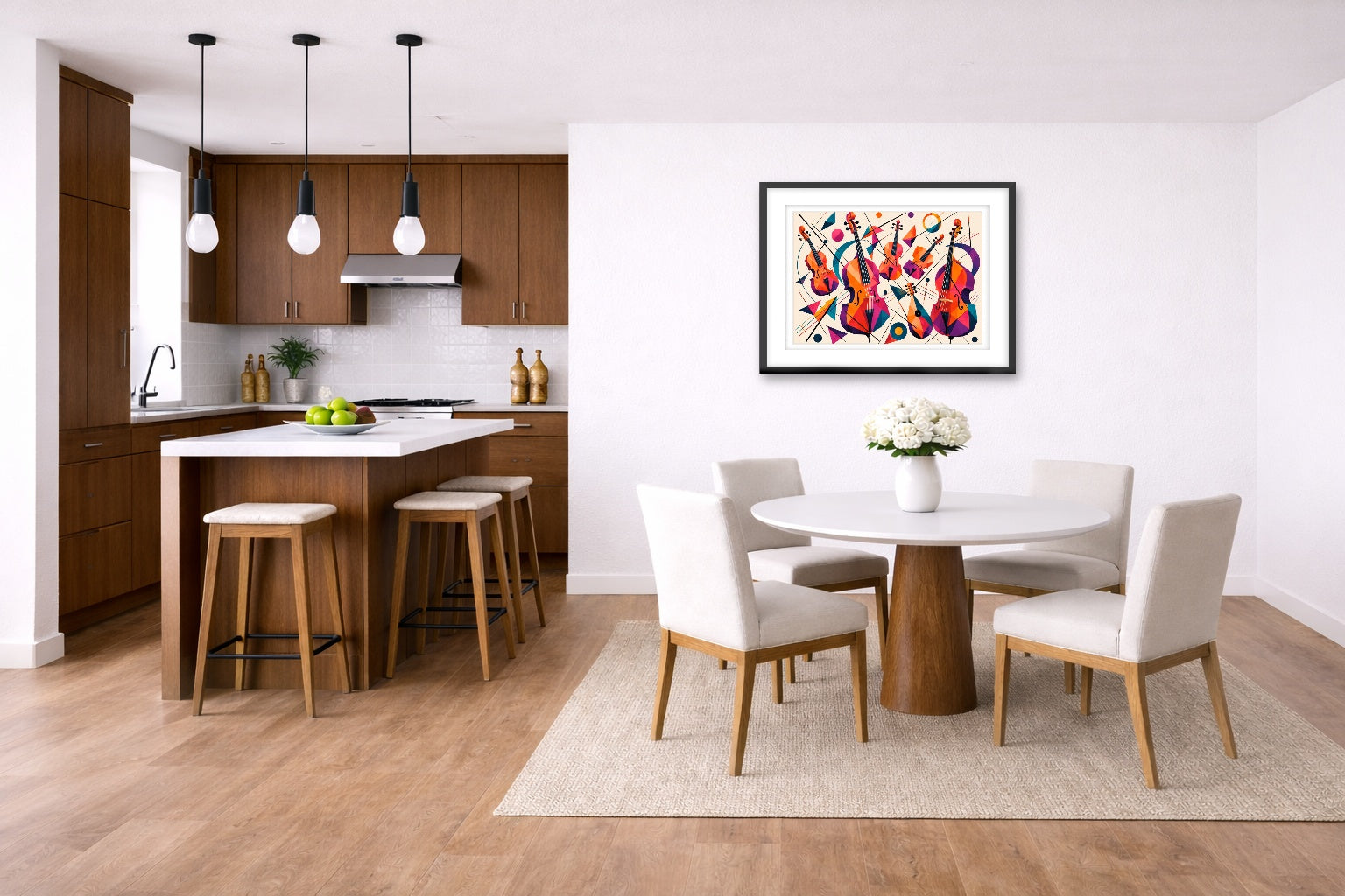 Musical String - Geometric Painting printed on fine art paper, framed on a black frame and matted and hung on a wall on a dinette wall.