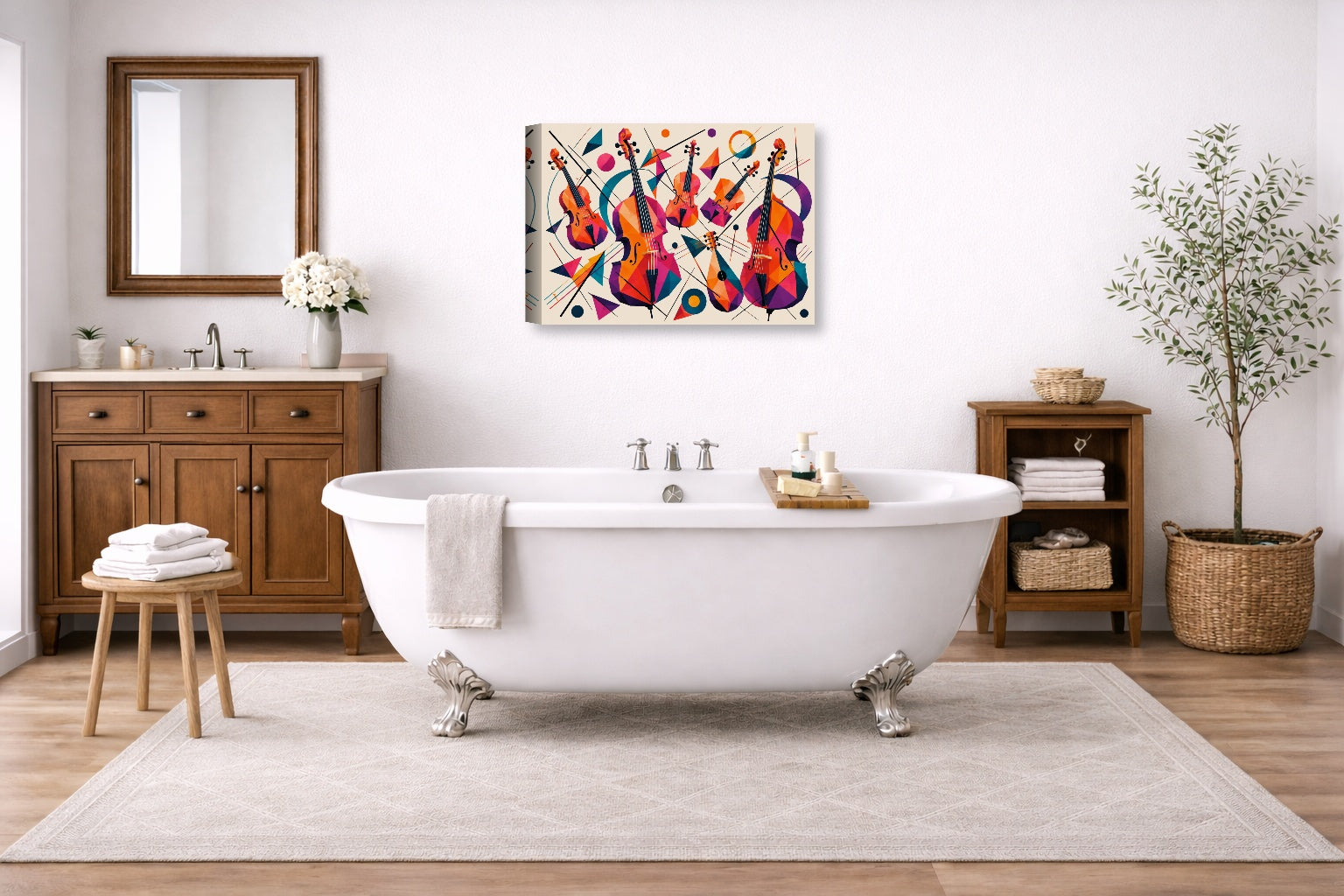 Musical String - Geometric Painting printed on canvas wall art displayed on a bathroom wall .