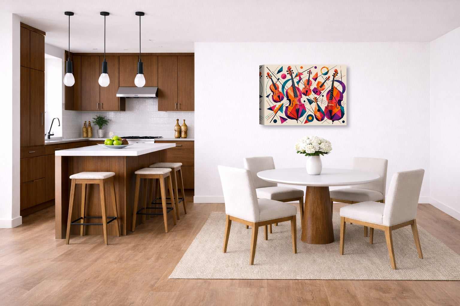 Musical String - Geometric Painting printed on canvas wall art displayed on a wall in a dinette.