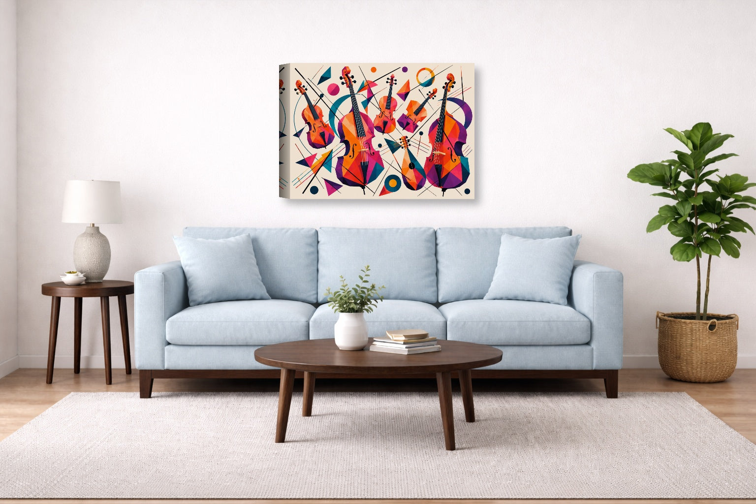Musical String - Geometric Painting printed on canvas wall art displayed above a couch in a living room