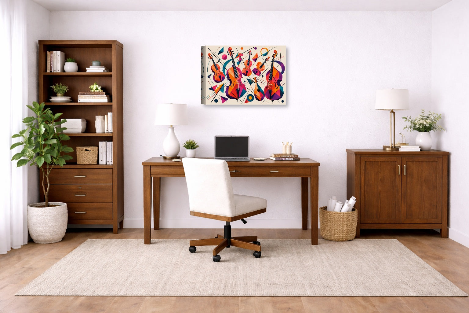 Musical String - Geometric Painting printed on canvas wall art displayed on a wall in a a home office.