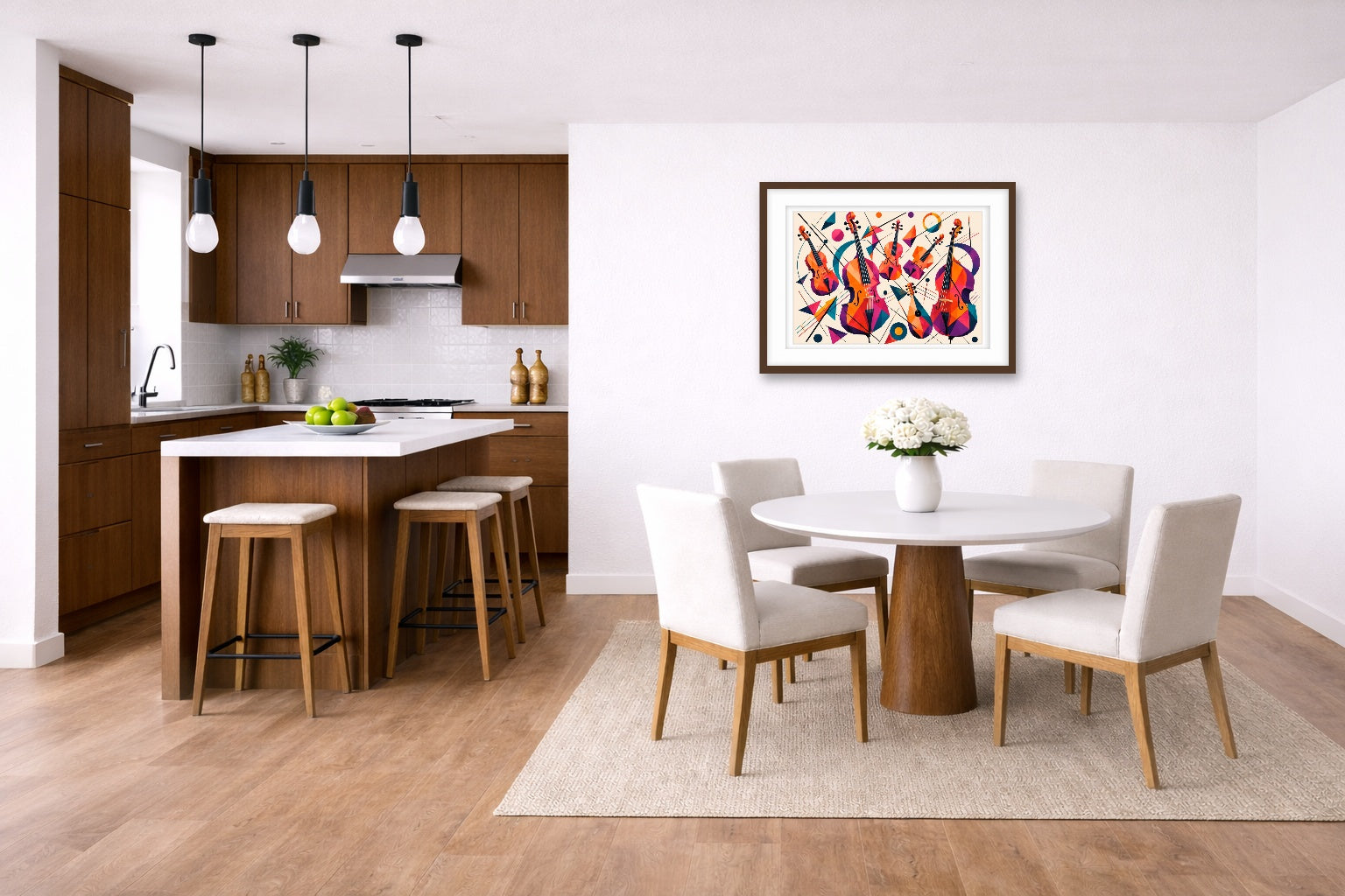 Musical String - Geometric Painting printed on fine art paper, framed on a espresso frame and matted. Hung on a living kitchen-dinette wall.