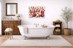 Musical String - Geometric Painting printed on aluminum metal with wall anchors. Hung on a bathroom wall.