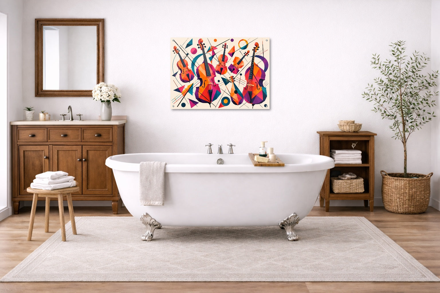 Musical String - Geometric Painting printed on aluminum metal with wall anchors. Hung on a bathroom wall.