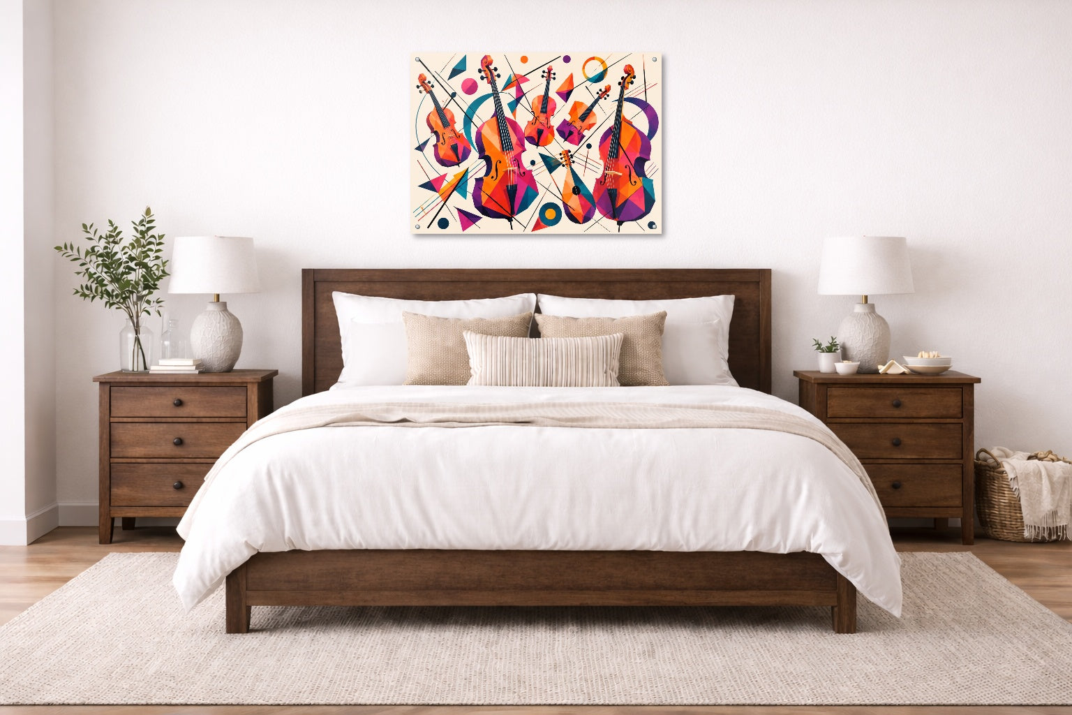 Musical String - Geometric Painting printed on aluminum metal with wall anchors. Hung on a bedroom wall.