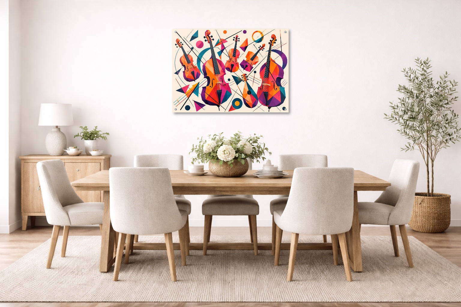 Musical String - Geometric Painting printed on aluminum metal with wall anchors. Hung on a dining room wall.