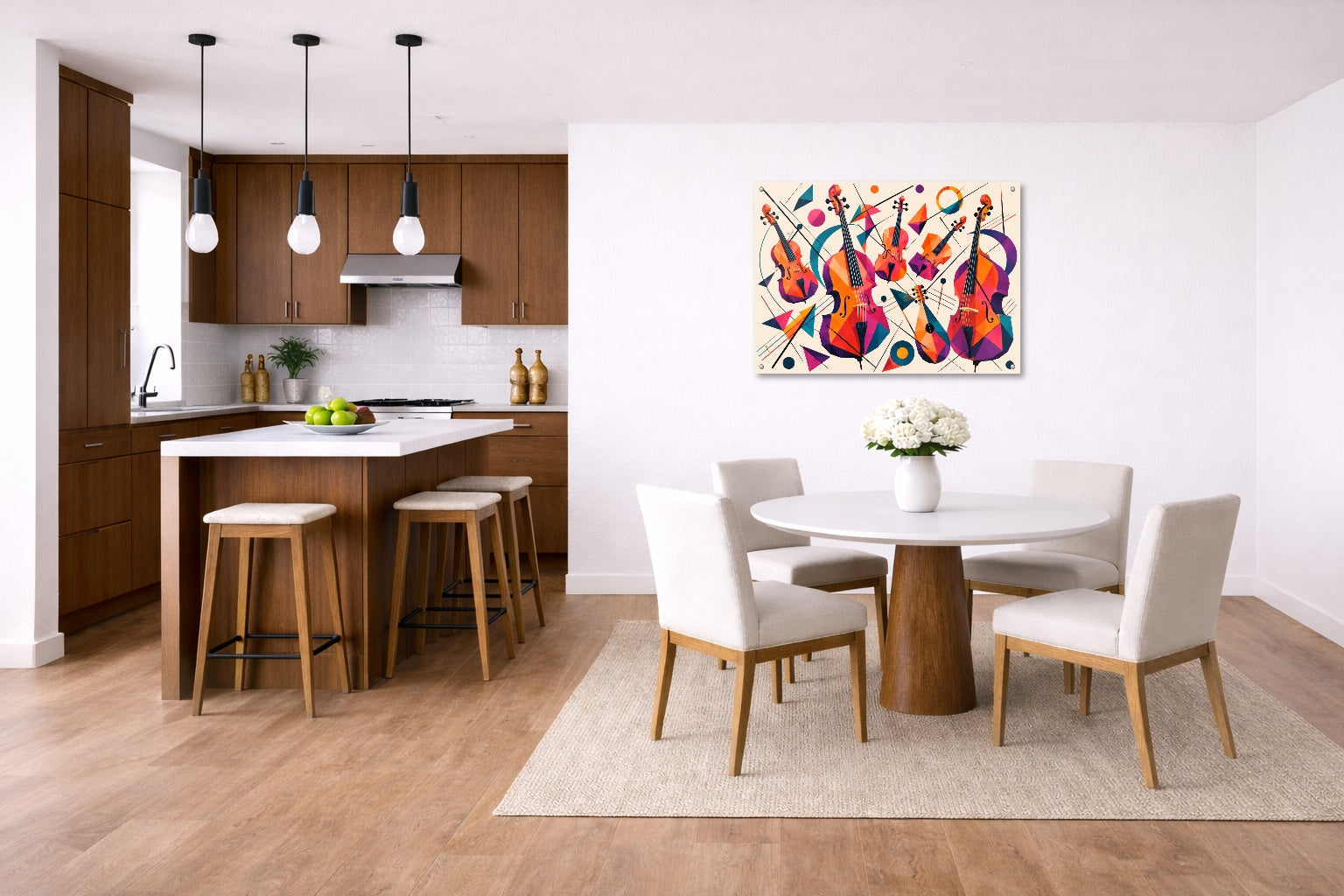 Musical String - Geometric Painting printed on aluminum metal with wall anchors. Hung on a kitchen-dinette wall.