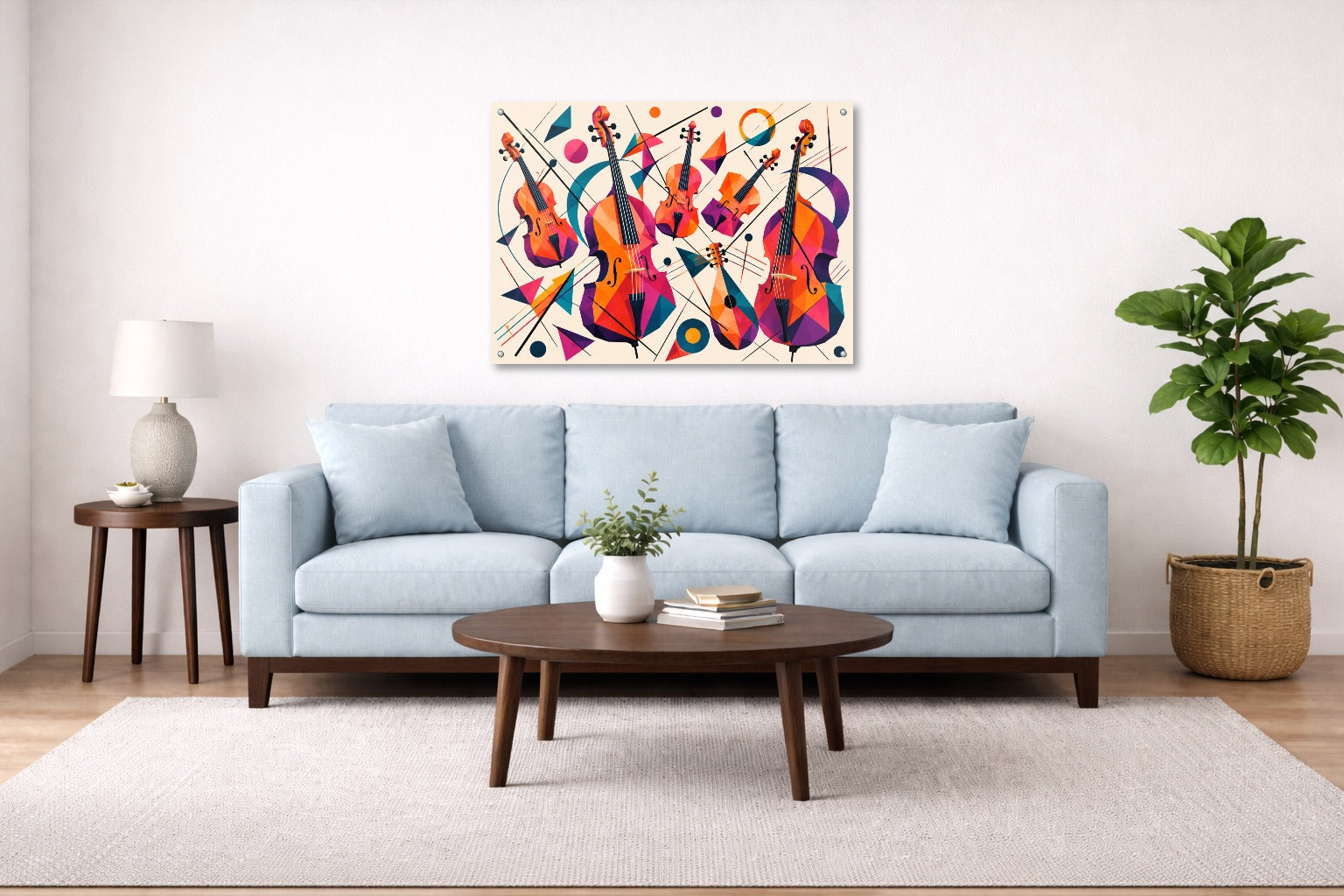 Musical String - Geometric Painting printed on aluminum metal with wall anchors. Hung on a living room wall.