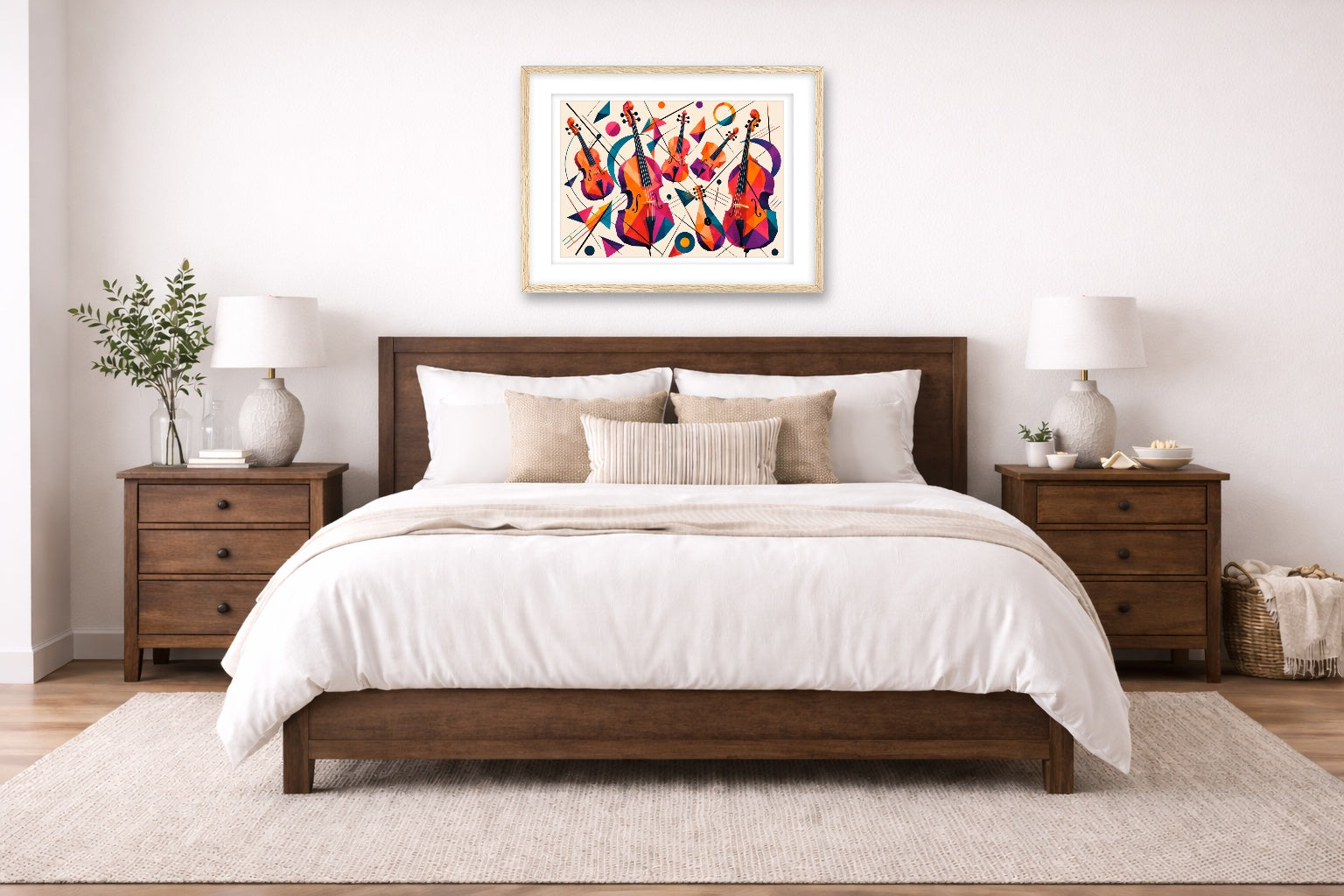 Musical String - Geometric Painting printed on fine art paper, framed in a oak frame and matted. Hung on a bedroom wall.