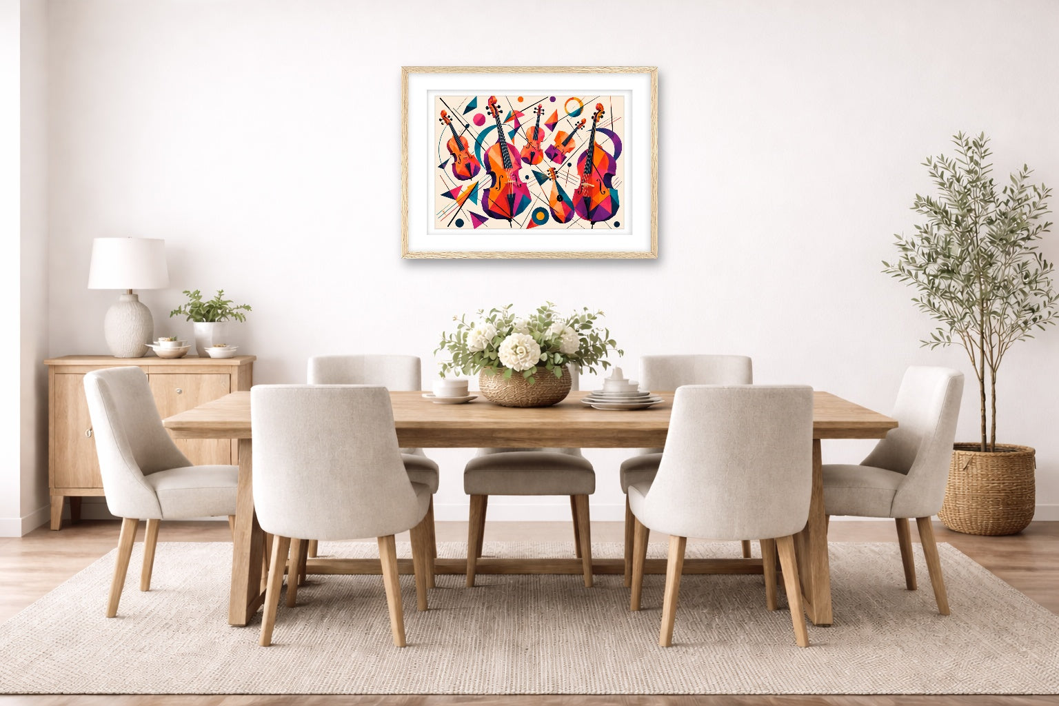 Musical String - Geometric Painting printed on fine art paper, framed on a oak frame and matted. Hung on a dining room wall.