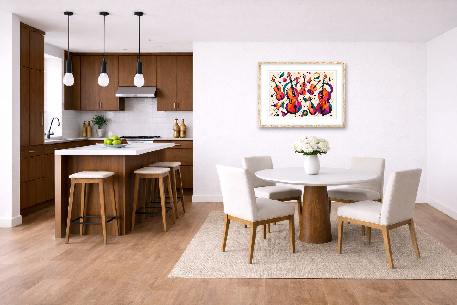 Musical String - Geometric Painting printed on fine art paper, framed on a oak frame and matted. Hung on a kitchen-dinette wall.
