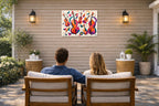 Musical String - Geometric Painting printed on water resistant canvas and mounted on a waterproof frame. Hung on a patio wall with couple.