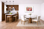 Musical String - Geometric Painting printed on fine art paper, framed on a white frame and matted. Hung on a kitchen-dinette wall.