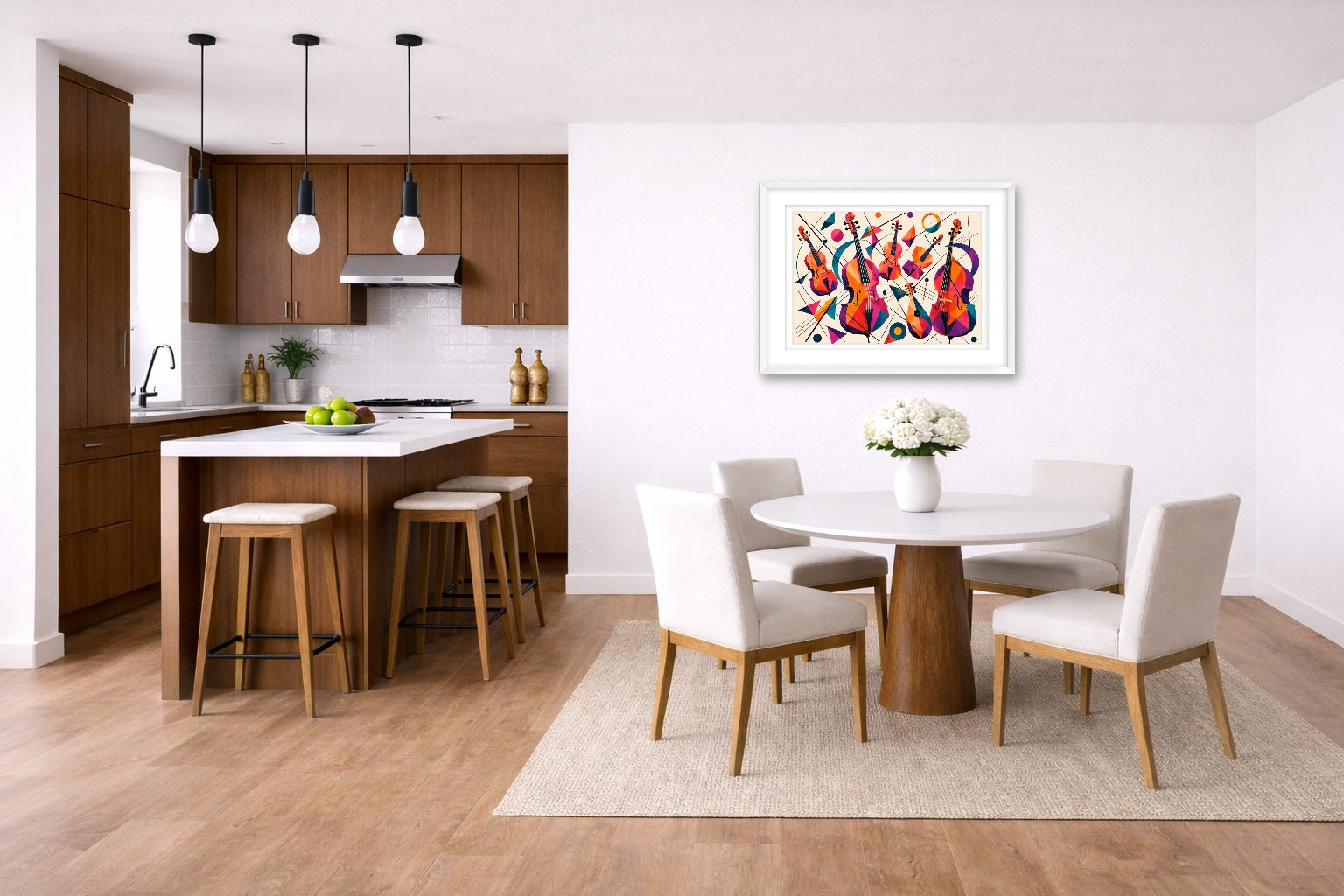 Musical String - Geometric Painting printed on fine art paper, framed on a white frame and matted. Hung on a kitchen-dinette wall.