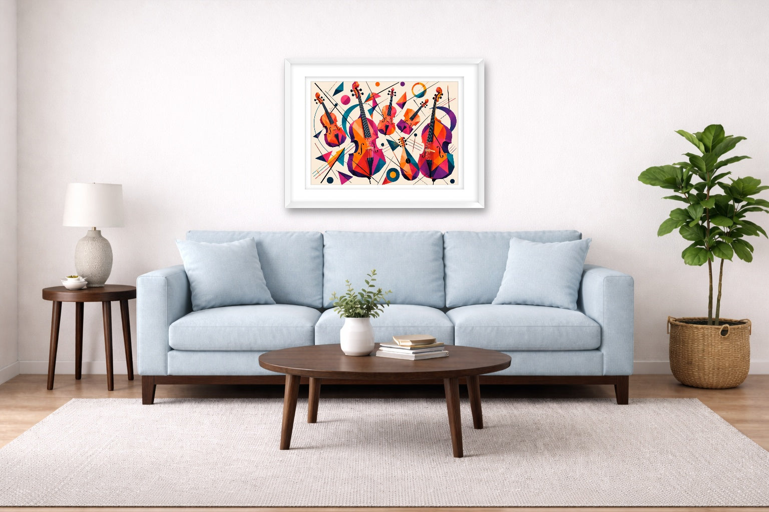 Musical String - Geometric Painting printed on fine art paper, framed on a white frame and matted. Hung on a living room wall.