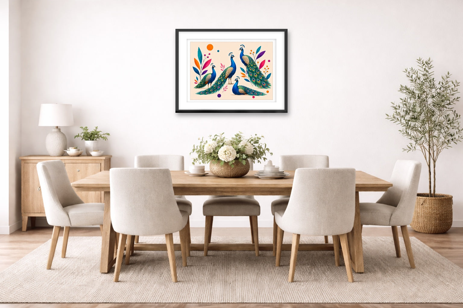 Elegant Peacocks - Geometric Painting printed on fine art paper, framed on a black frame and matted and hung on a dining room wall.
