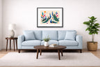 Elegant Peacocks - Geometric Painting printed on fine art paper, framed on a black frame and matted and hung on a Living Room wall above a couch