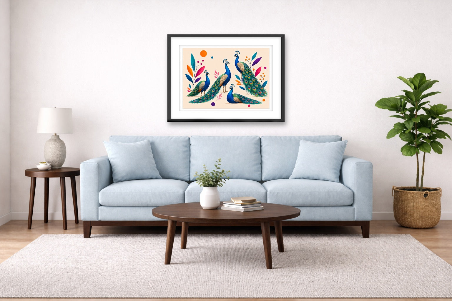 Elegant Peacocks - Geometric Painting printed on fine art paper, framed on a black frame and matted and hung on a Living Room wall above a couch
