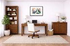 Elegant Peacocks - Geometric Painting printed on fine art paper, framed on a black frame and matted and hung on a wall on an home office wall.