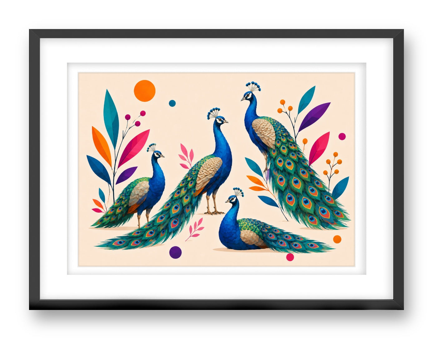 Elegant Peacocks printed on fine art paper, framed on a black frame and matted.