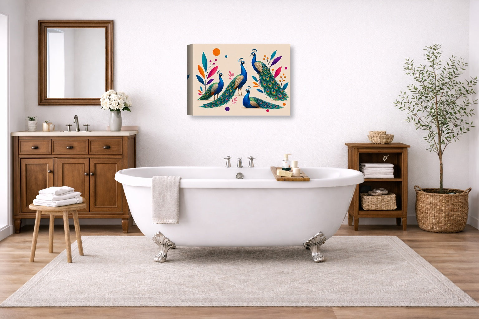 Elegant Peacocks - Geometric Painting printed on canvas wall art displayed on a bathroom wall .