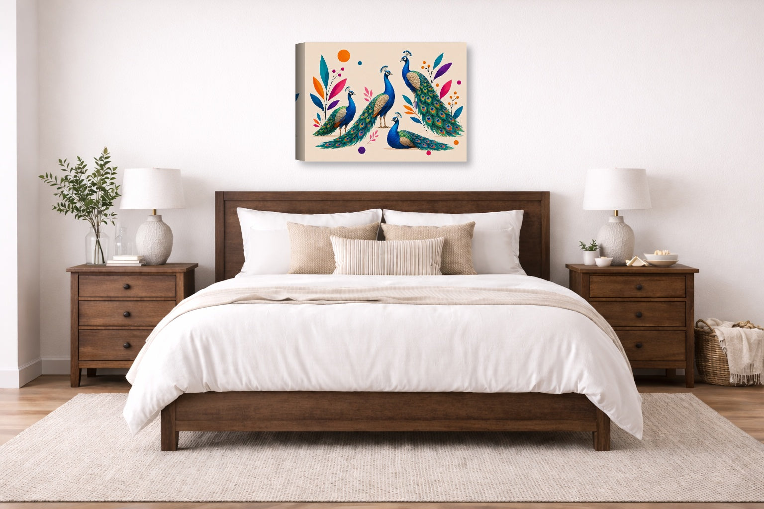Elegant Peacocks - Geometric Painting printed on canvas wall art displayed on a wall above a bed.