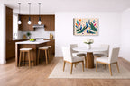 Elegant Peacocks - Geometric Painting printed on canvas wall art displayed on a wall in a dinette.