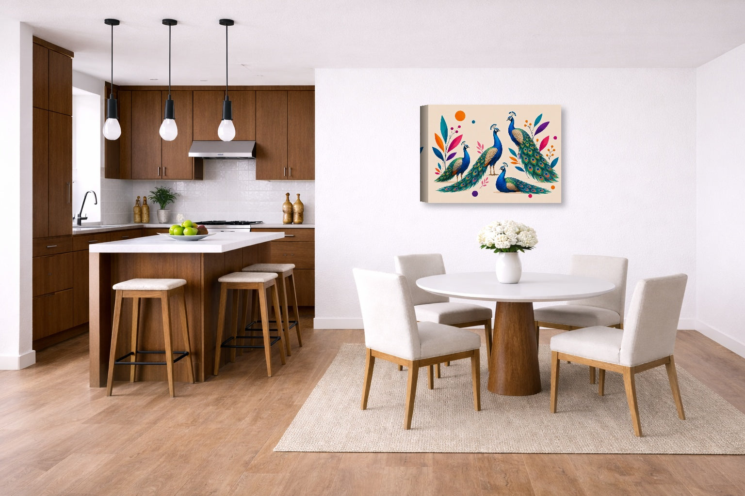 Elegant Peacocks - Geometric Painting printed on canvas wall art displayed on a wall in a dinette.