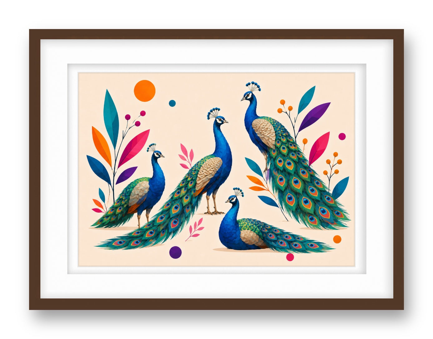 Elegant Peacocks printed on fine art paper, framed on a espresso frame and matted.