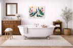 Elegant Peacocks - Geometric Painting printed on aluminum metal with wall anchors. Hung on a bathroom wall.